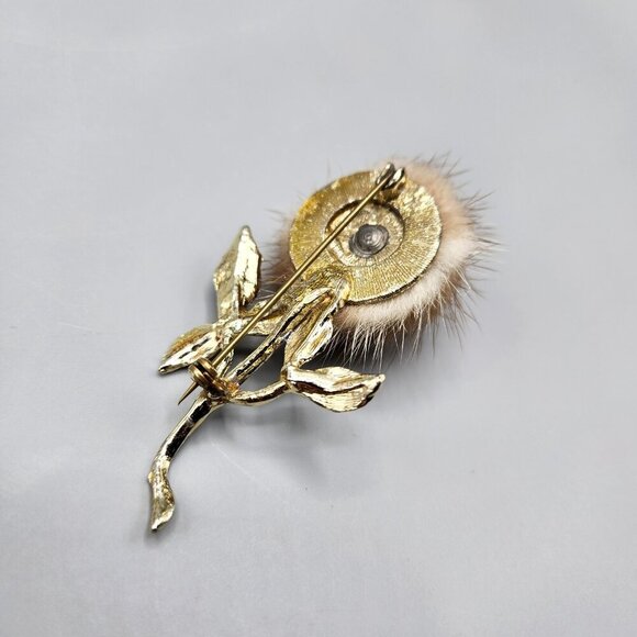 Rose Brooch Mink Fur Gold Tone Flower Long Stem Clear Rose Pin Unmarked Vtg - Picture 10 of 13